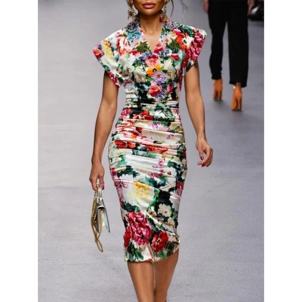 Stylewe Floral Ruched Midi Dress V-Neck Cap Sleeve Satin Sheath Multi Color